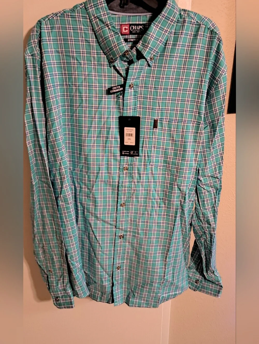 CHAPS XXL NWT Stretch Plaid Button Down Shirt Green Teal Blue White